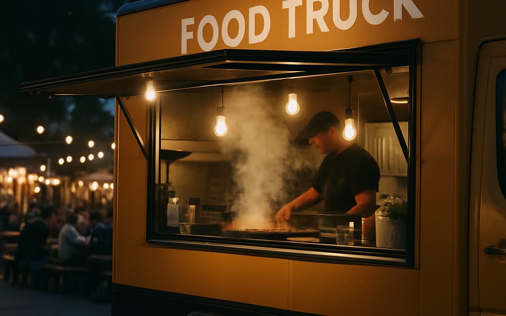 Branded food truck at a street food market in the evening with steam from grill
