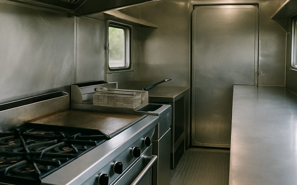 Food truck galley with stove, griddle, fryer, refrigerator and prep counter
