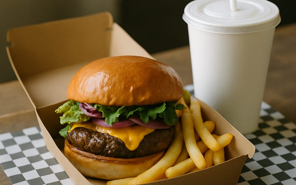Gourmet burger and fries in branded takeaway box with cold-drink cup