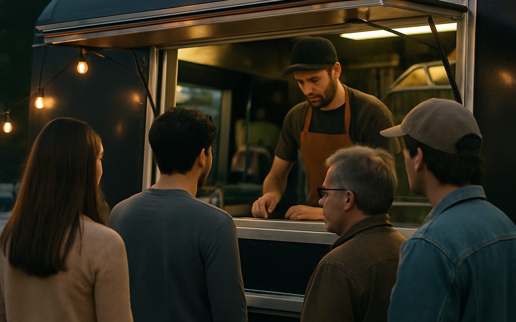 Customers queuing at a food-truck service window under string lights at twilight