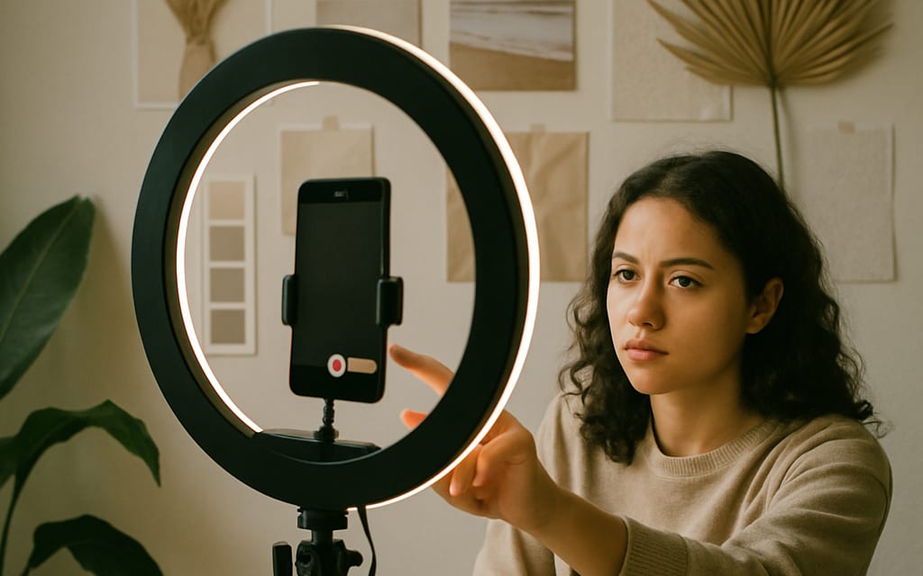 Creator setting up a phone tripod with ring light and aesthetic backdrop