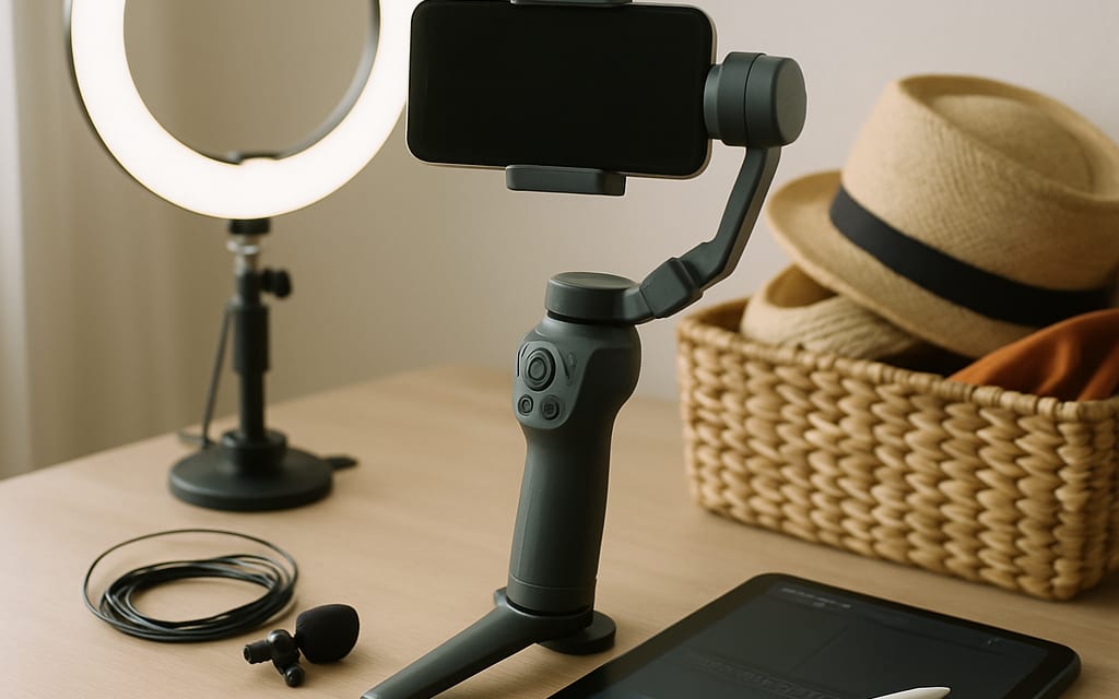 Influencer kit: smartphone with gimbal, ring light, mic, props and editing tablet