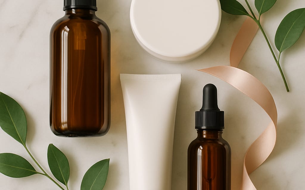 Skincare flatlay on marble with leaves and pink ribbon for a sponsored reel
