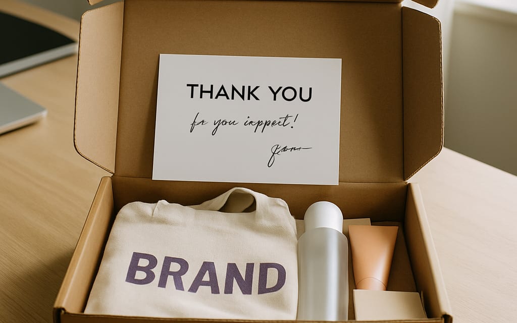 Brand-deal PR box with samples, thank-you card and branded tote