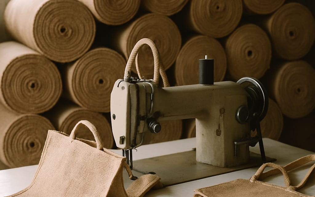 Jute workshop with industrial sewing machine stitching tote bags and fabric rolls
