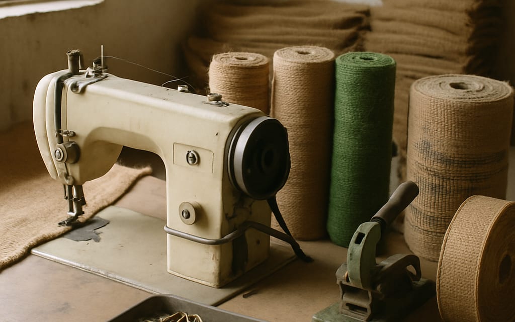 Sewing machine, cutter, jute fabric rolls, handle hardware and label spool