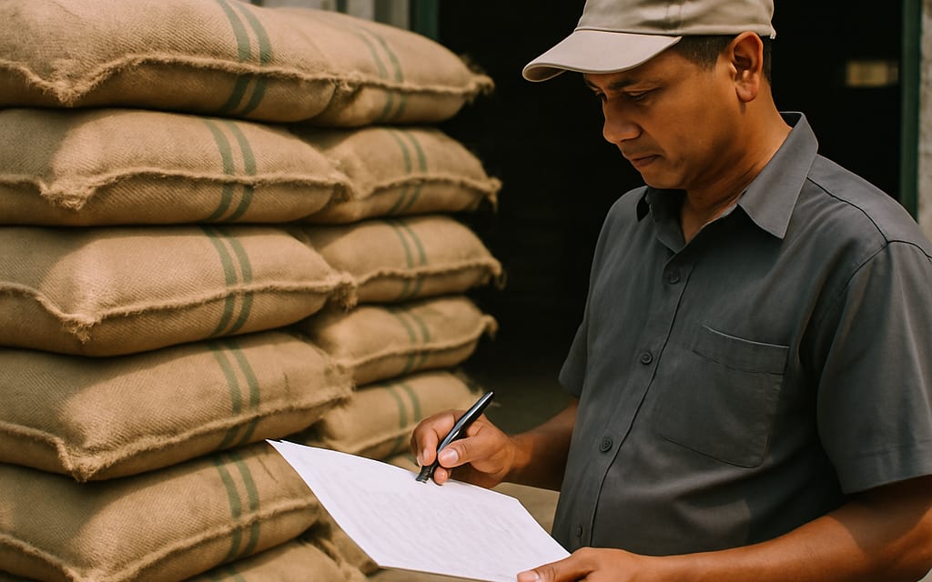 Inspector checking export jute bags against a packing list at a warehouse
