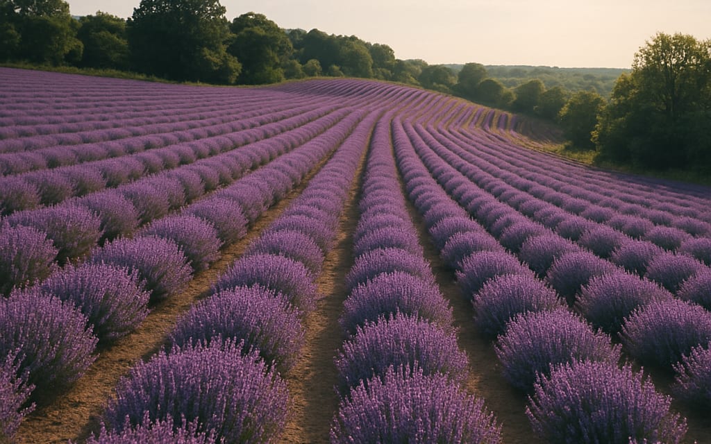 2-acre lavender farm in full bloom on a hillside with neat purple rows
