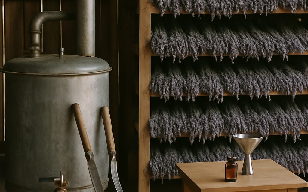 Steam distillation unit, harvest sickles, drying racks and essential-oil bottling