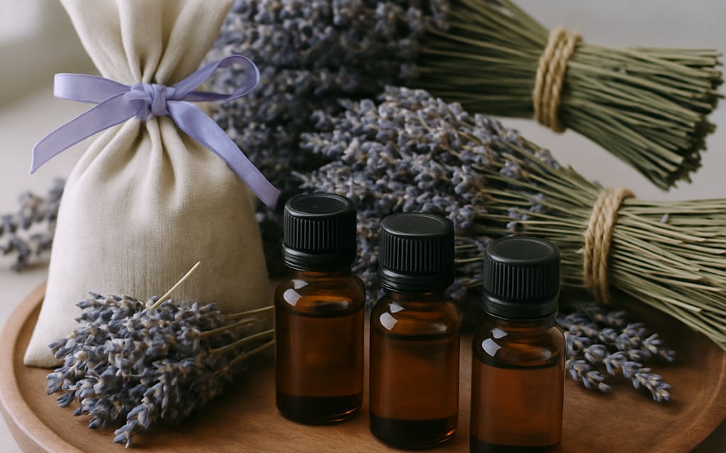 Glass bottles of lavender essential oil with dried lavender bundles and sachet