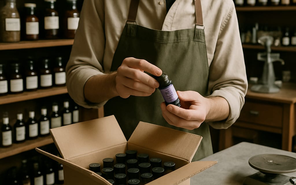 Apothecary buyer inspecting lavender essential-oil sample carton at wholesale