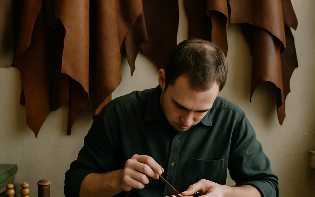 Leather workshop with artisan stitching a wallet, hides hanging and tools