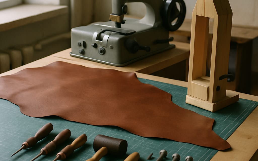 Leather workshop with cutting table, skiving machine, stitching pony and rivet tools