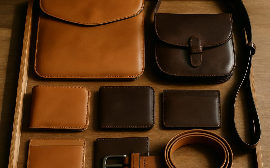 Display of leather wallets, belts, small bag and laptop sleeve in tan and brown
