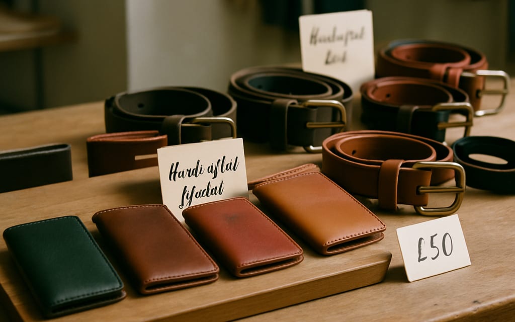 Boutique display of handcrafted leather wallets and belts with quality cards