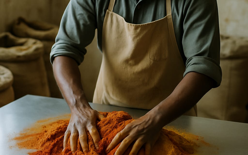 Masala workshop with worker blending colorful spice mix on a stainless table