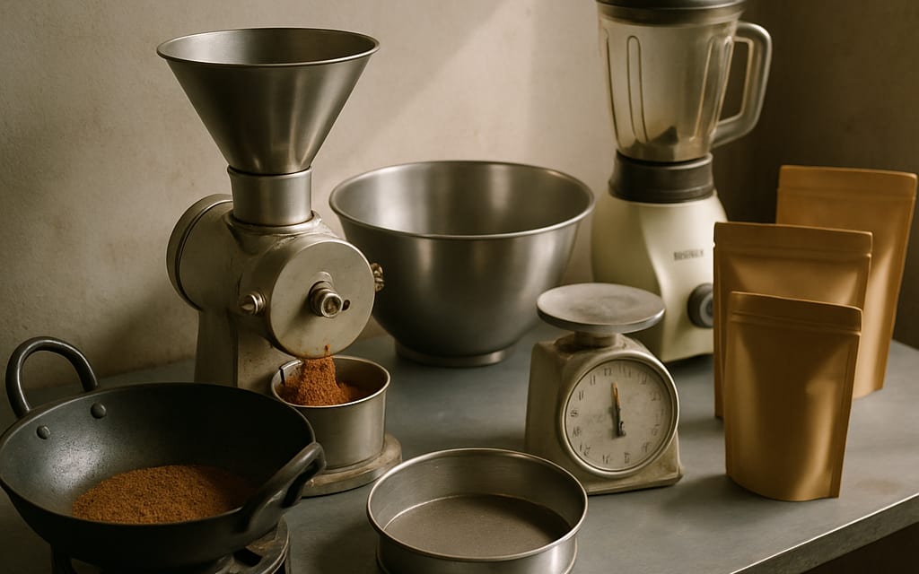 Roaster pan, pulveriser, sieve, mixer, weighing scale and packaging pouches