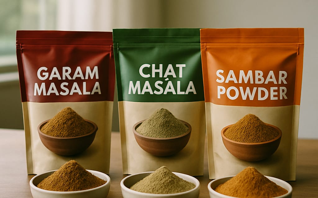 Branded pouches of garam masala, chat masala, sambar with bowls of each blend
