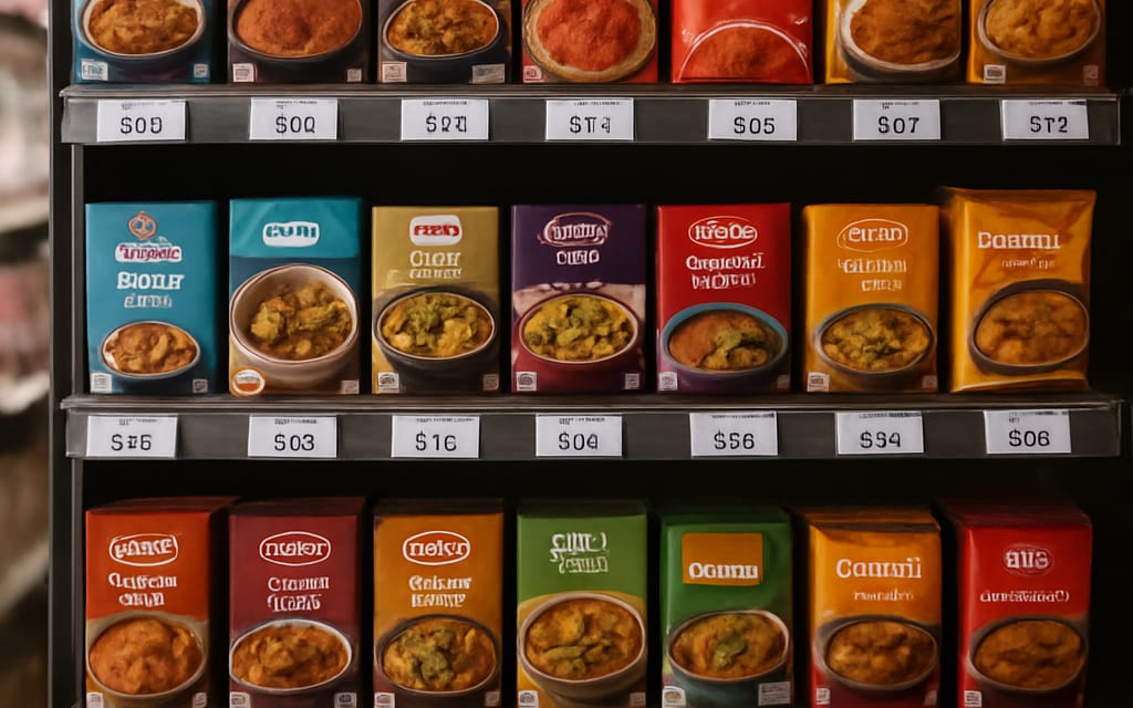 Retail aisle with branded masala pouches on shelf with shelf-talkers and pricing