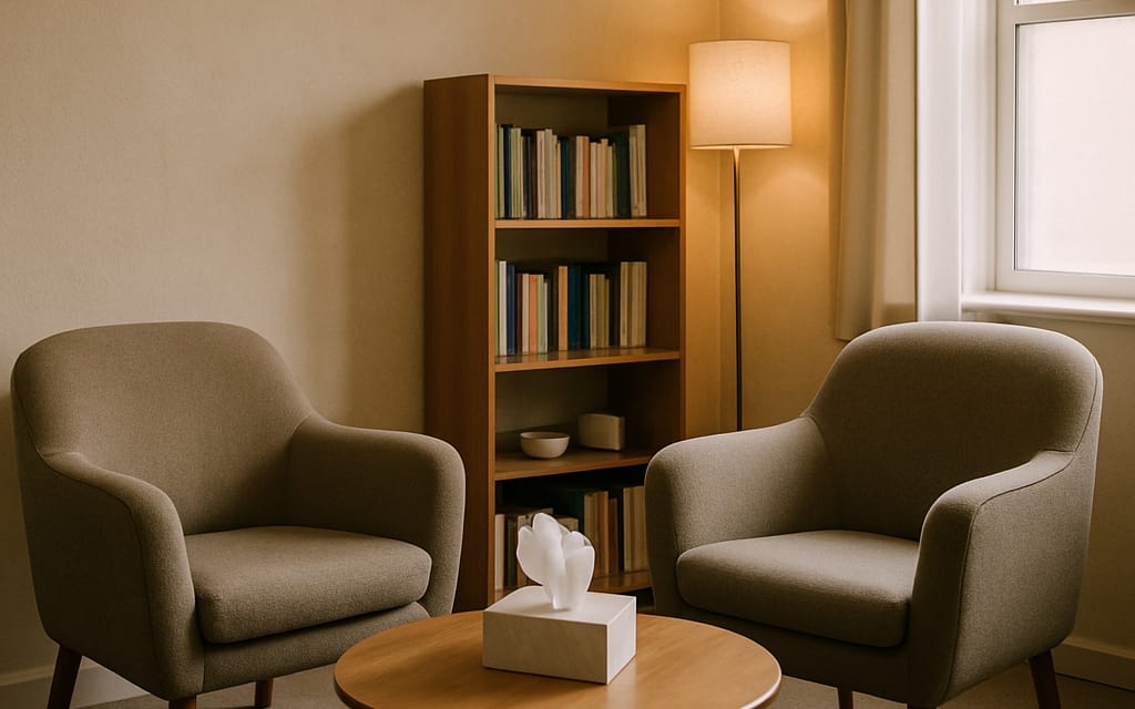Calming counseling room with two armchairs, coffee table and warm lighting