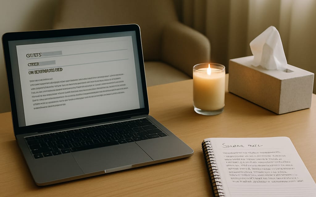 Counseling office desk with EMR laptop, notebook, calming candle and tissue box