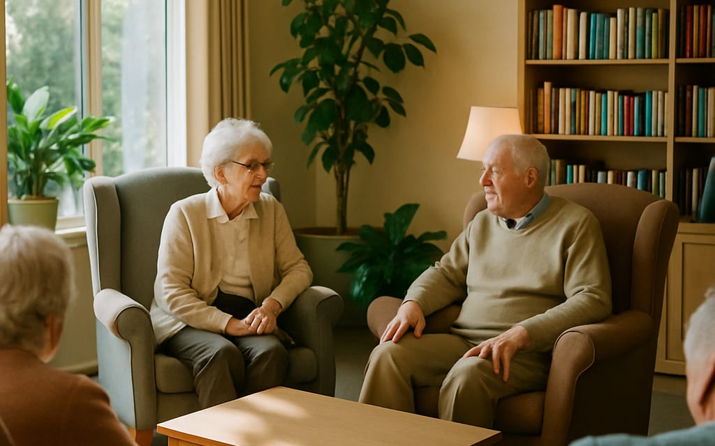 Senior-living common room with armchairs, plants and residents chatting
