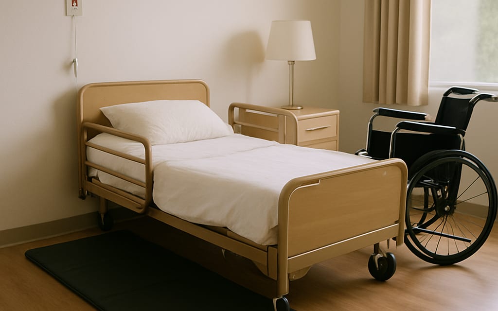 Senior-living suite with safety-rail bed, wheelchair, call button and fall-mat