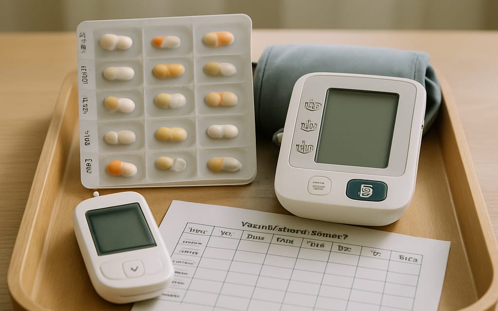 Senior-care tray with medication blister-pack, BP monitor, glucometer and chart