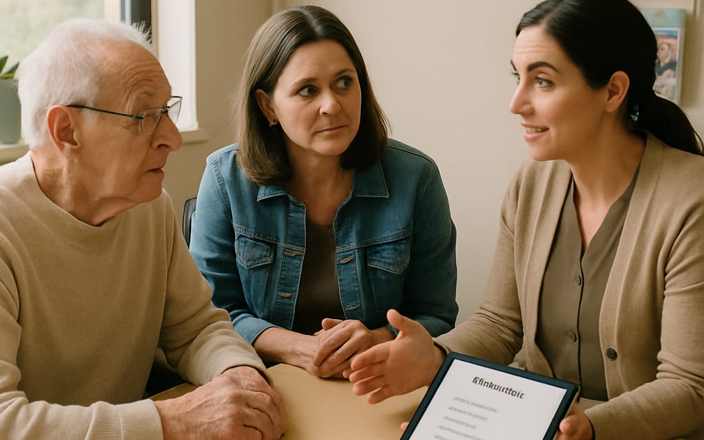 Senior and family meeting a care administrator with brochures and wellness tablet