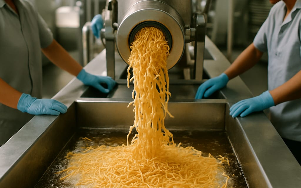 Snack production line with bhujia sev being extruded into a hot fryer
