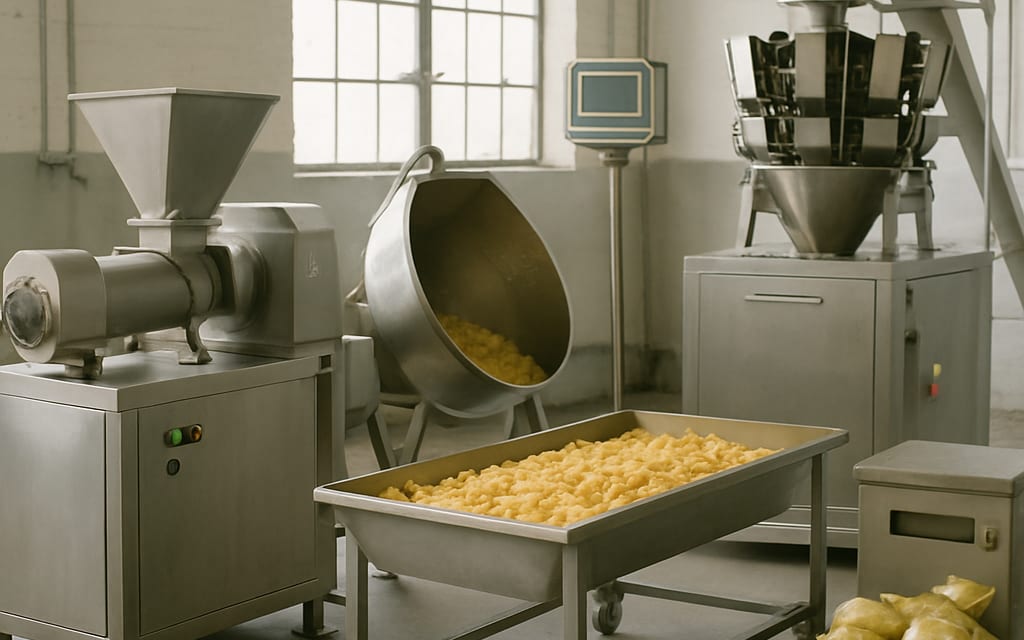 Snack factory with extruder, kettle fryer, cooling tray, scale and N2 sealer