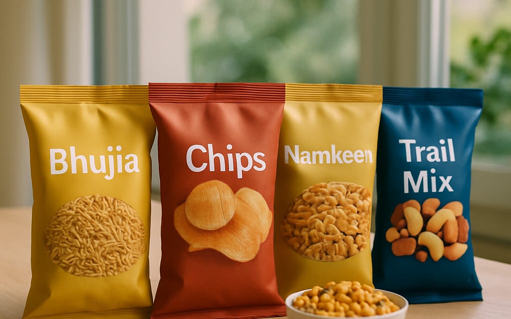 Branded retail snack pouches and a bowl of mixed namkeen on display