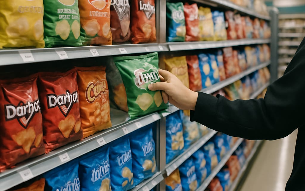 Supermarket aisle with branded snack pouches stacked and customer reaching for one