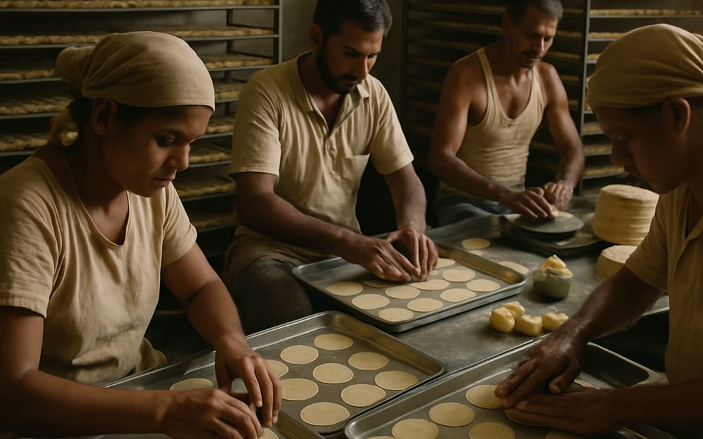 Papad workshop with workers rolling thin discs and drying racks behind