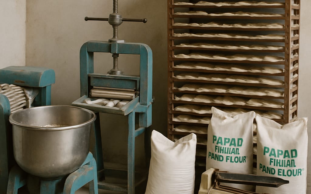 Dough mixer, manual roller press, drying racks, urad flour bags and sealer
