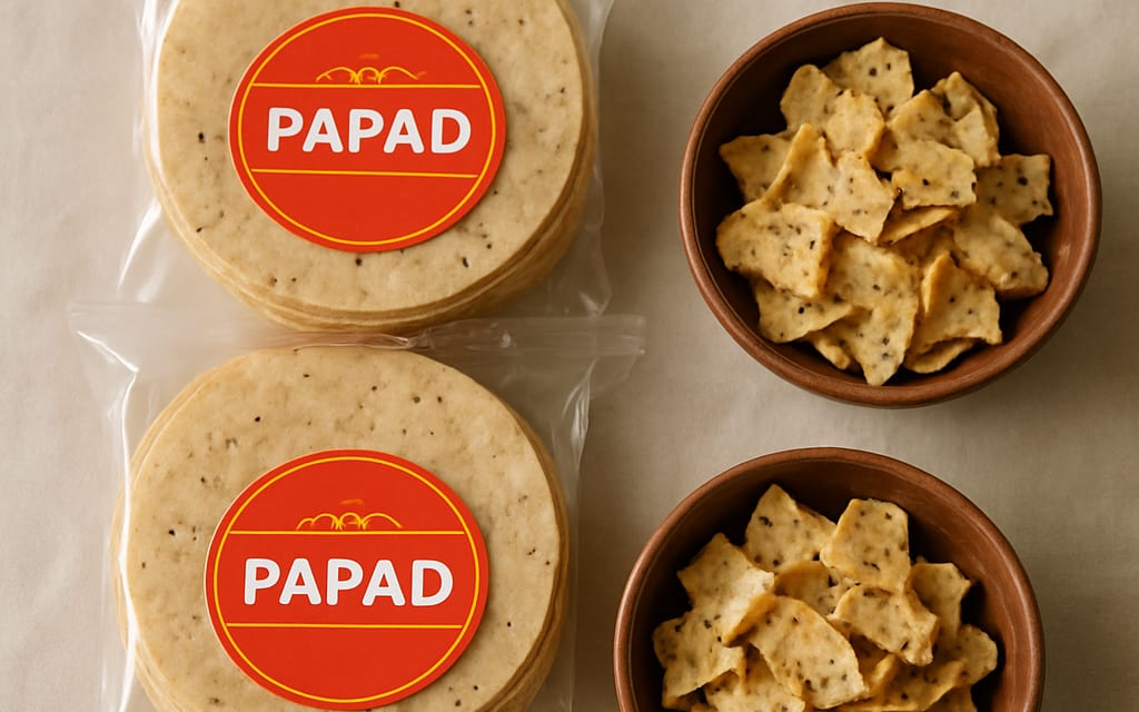 Sun-dried papad polypouches with branded labels and a bowl of roasted pieces
