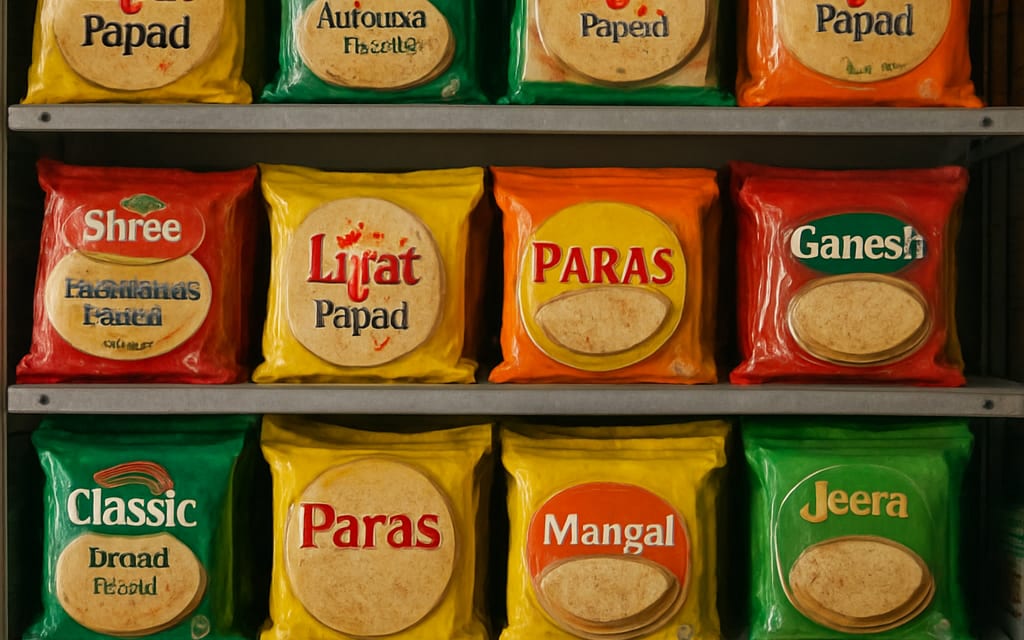 Grocer's shelf stocked with branded papad polypouches in multiple flavors