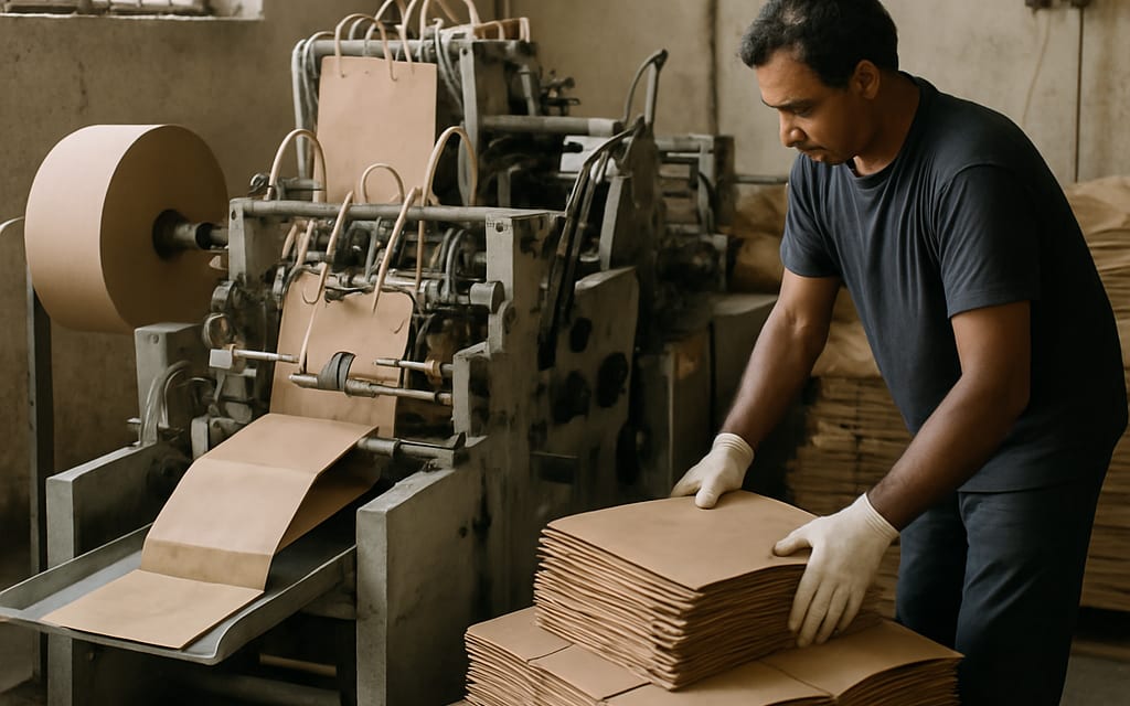 Paper-bag unit with semi-auto machine producing kraft bags and worker stacking
