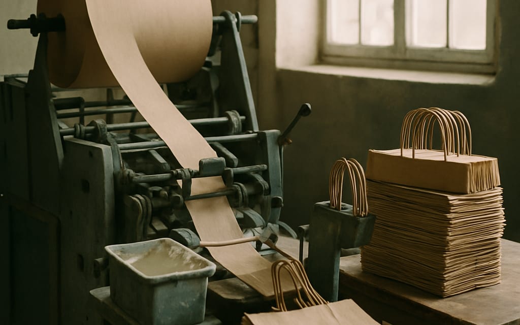 Kraft paper roll feeding a machine with glue station and finished bag bundles