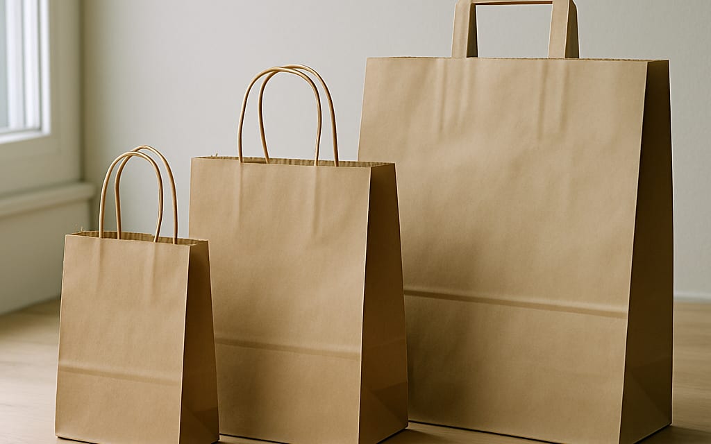 Branded paper shopping bags in three sizes with twisted and flat handles