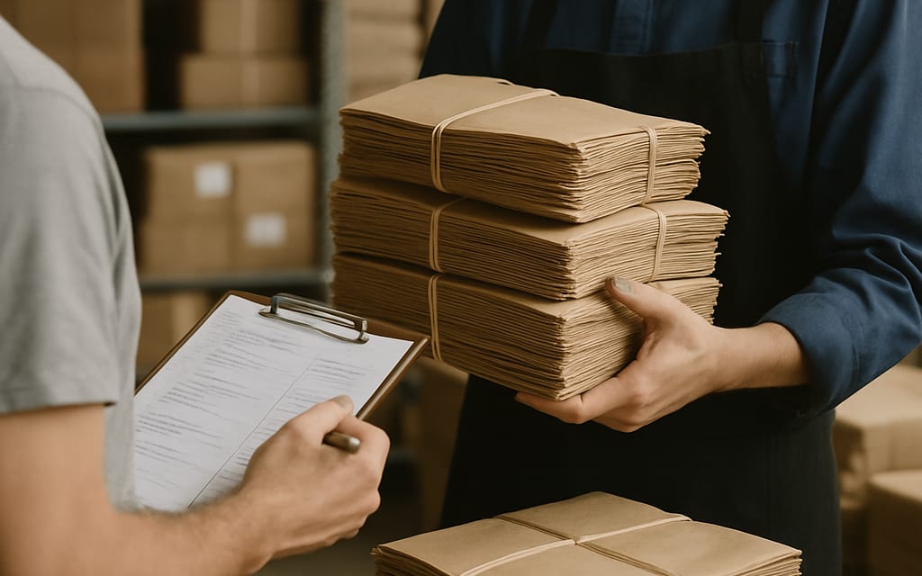 Retailer collecting bundles of paper bags from a wholesale supplier with order list