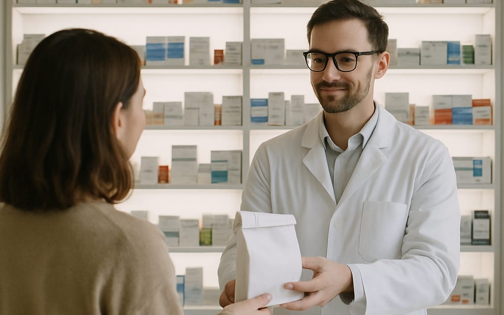 Modern pharmacy with backlit shelves and pharmacist handing a prescription bag