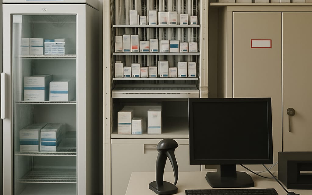 Pharmacy backroom with vaccine fridge, dispensing rack, scanner and Schedule-H cabinet