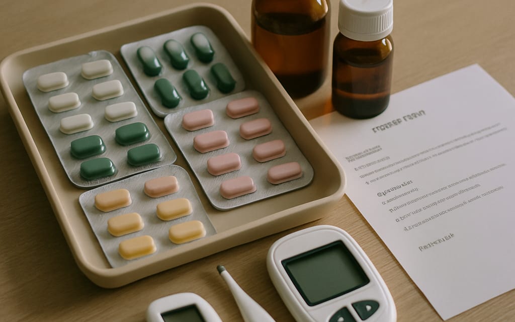Tray of medicine strips and bottles with prescription, glucometer and thermometer