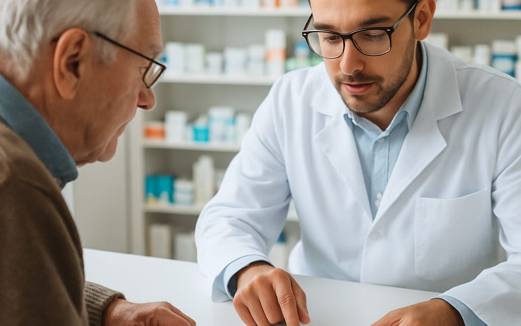 Senior customer receiving dosage counseling from a pharmacist at a counter