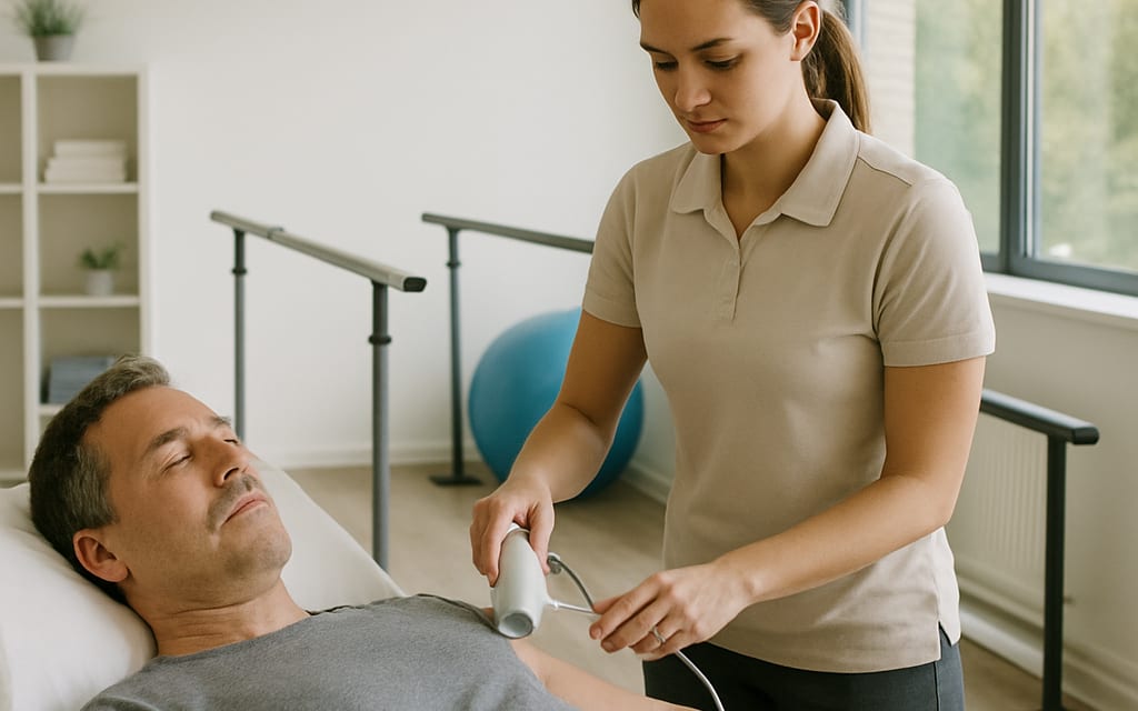 Physio clinic with patient on table receiving ultrasound, parallel bars in background