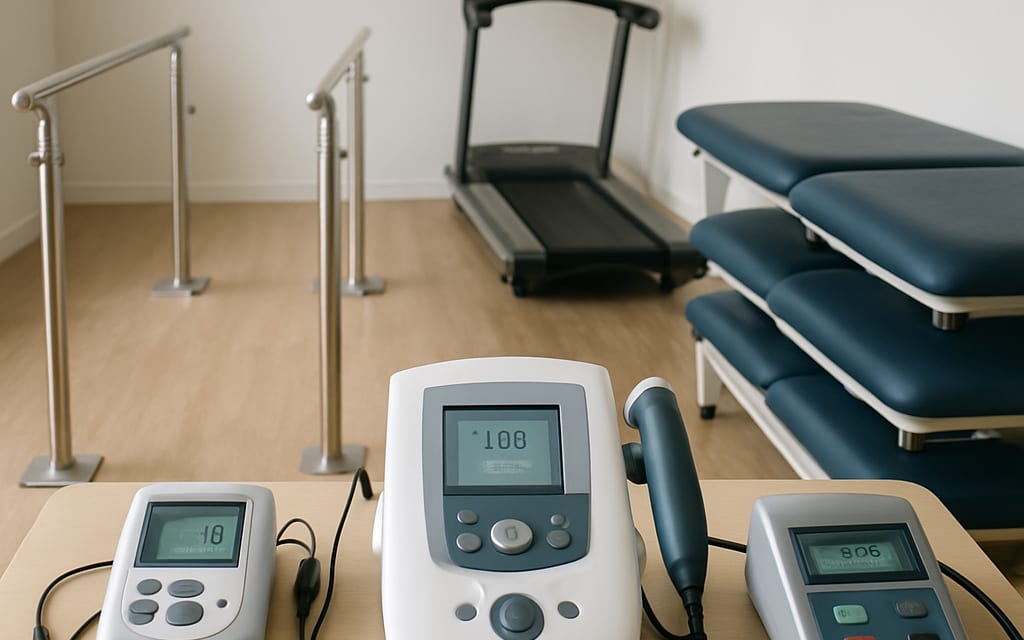 TENS, ultrasound, traction, parallel bars, treadmill and treatment beds