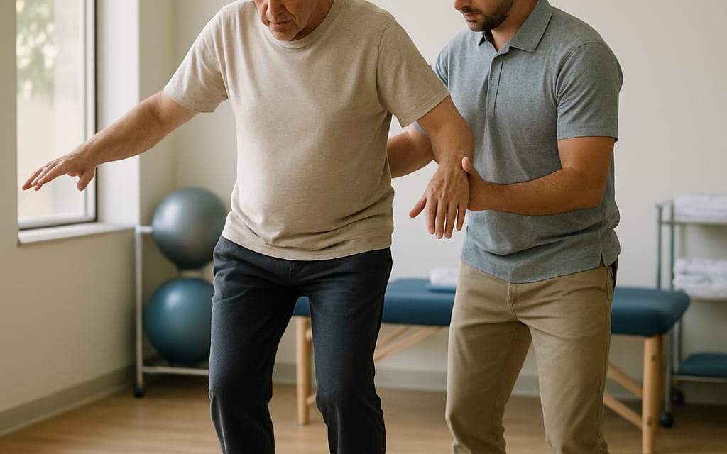 Physiotherapist guiding elderly patient on a stability platform in a sun-lit clinic