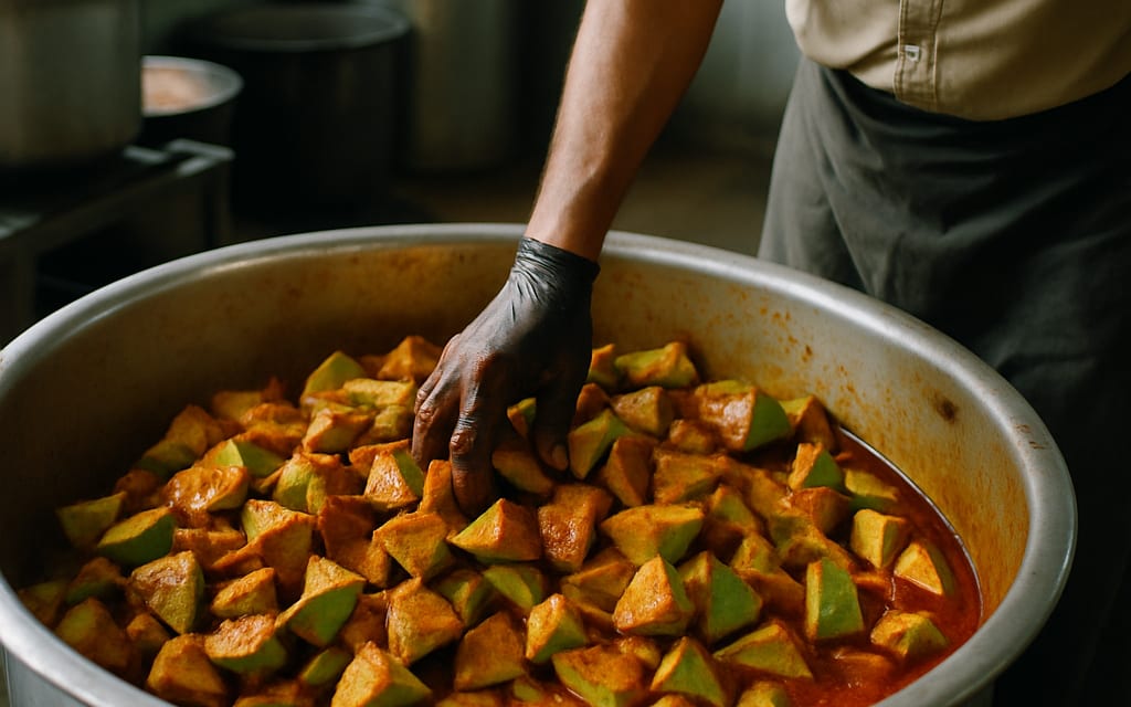 Pickle kitchen with raw mango pieces being mixed with chili and mustard oil