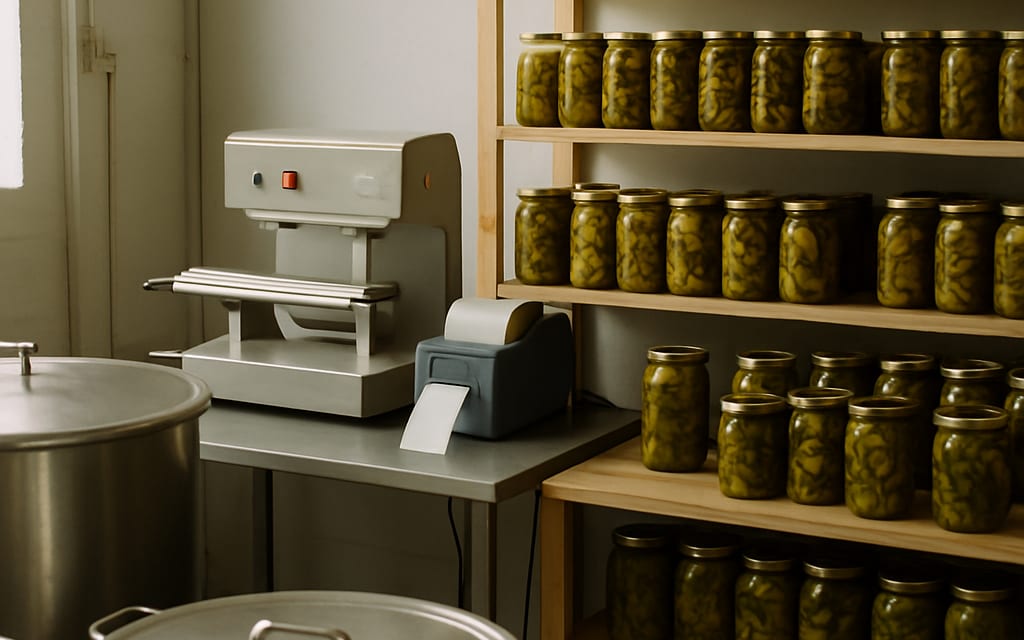 Pickle workshop with bulk containers, sealer, label printer and glass jar shelves